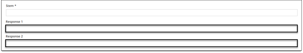 An essay item with a Stem field and two response fields. The response fields are shown as text boxes where you can enter an initial response.